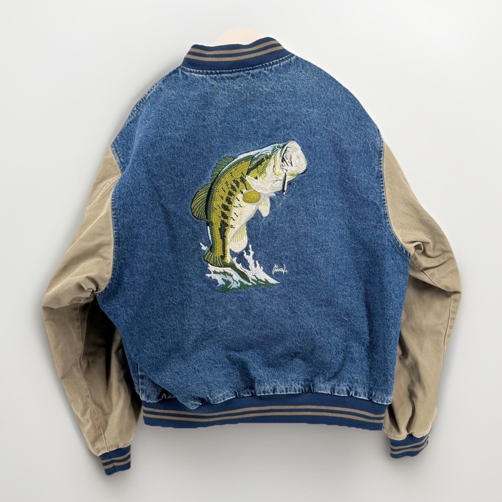 Vintage Boast USA Al Agnew Bass Fishing Denim Varsity Jacket 2XL Embroidered